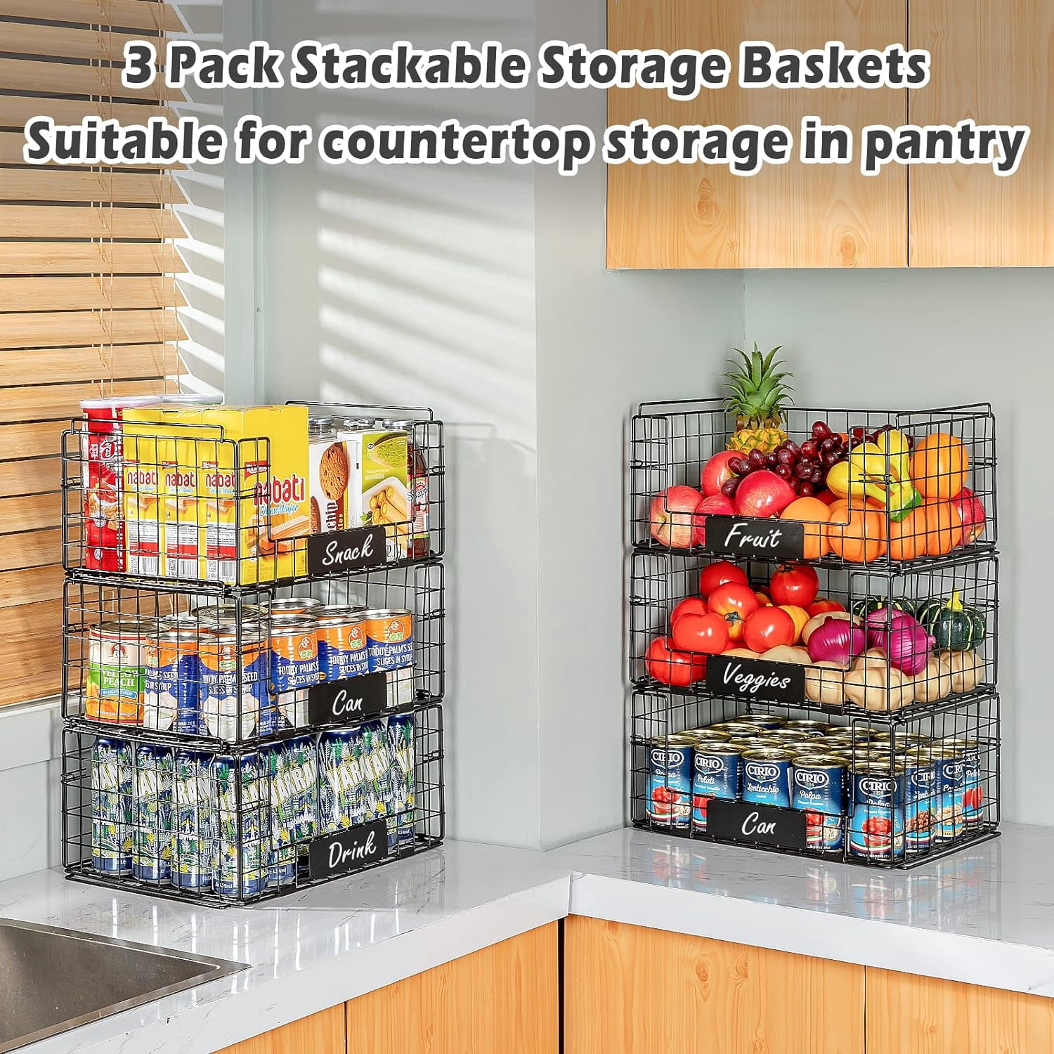 35cm Plastic Stacking Basket Storage Veg Rack Stackable Organizer For Kitchen Pantry Bathroom Office Utility Use Black Pack Of 3 - View #7