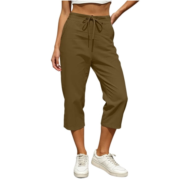 RQYYD Women's Summer Cropped Capri Pants Drawstring Waist Casual Lightweight Trousers with Pockets for Women