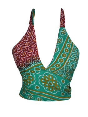 Mogul Women's Vintage Crop Top Printed Halter Neck Sexy Blouse Upcycled Silk Tie Back Beach Wear Bohemian Summer Style