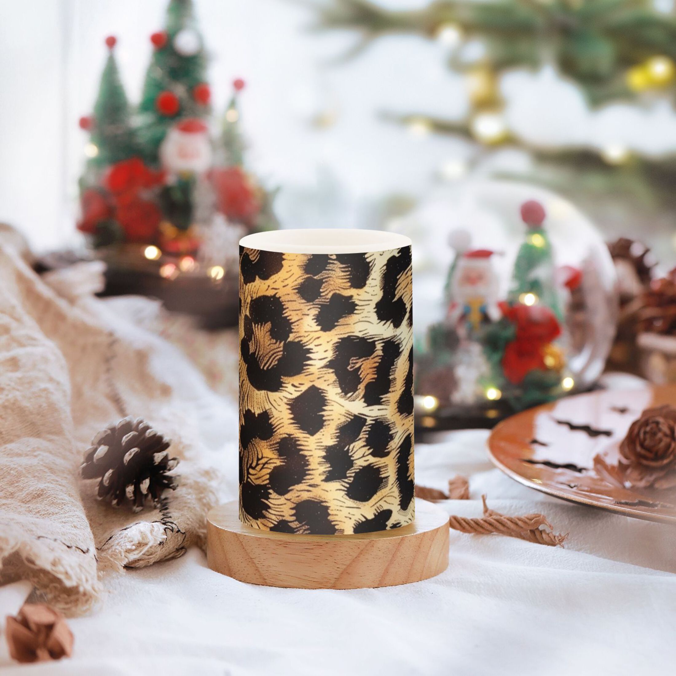 Leopard Fur Print Flickering Flameless Candles LED Tealight Battery Operated with Remote Set of 2 Holiday Decor Ornaments