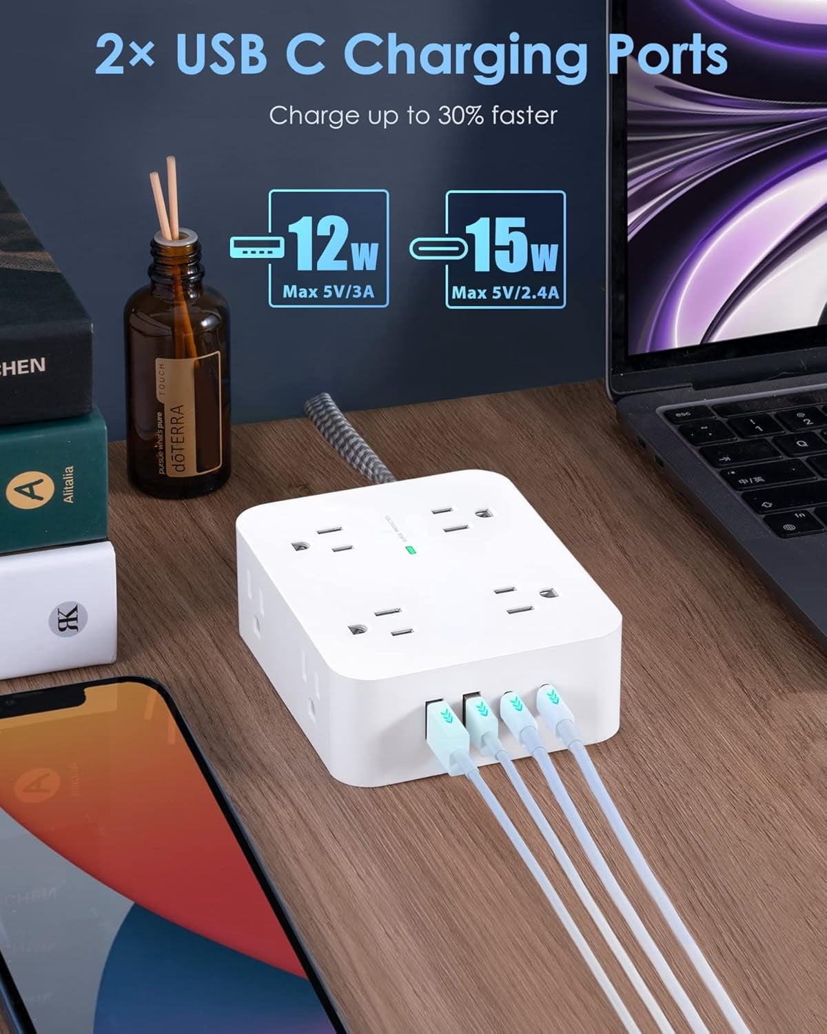AllWays Plaza Extension Cord 20 Ft, Power Strip Surge Protector with 8 Outlets 4 USB Ports(2 USB C), Long Cord, Flat Plug, Wall Mount, Desk USB Charging Station for Home Office Essentials