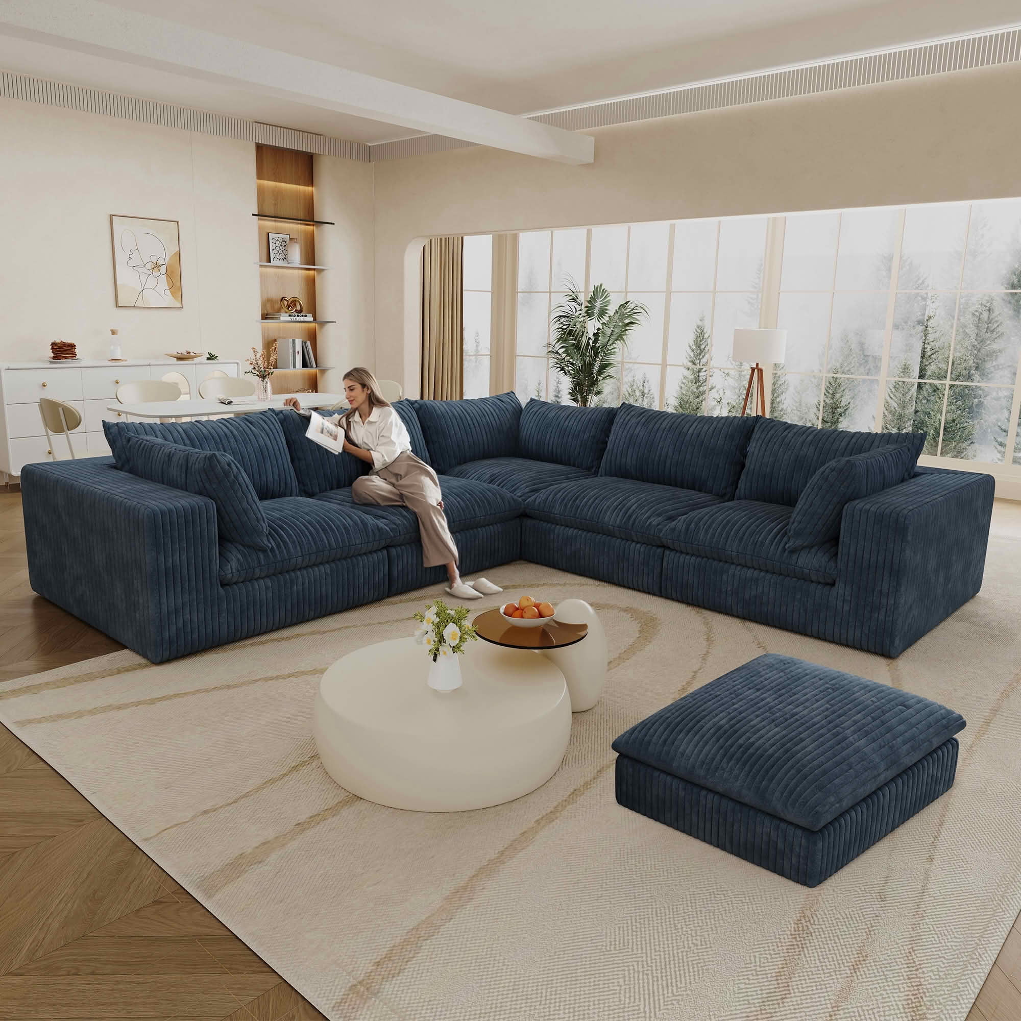 MAYEERTY 118.2" Cloud Corduroy Sofa, Deep Seat Double-Layer Design, Removable Cushion No Assembly, DIY Combination, Blue