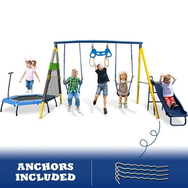 SMkidsport Swing Set forOutside, Playground Set for Backyardfor Kids with Slide, Two Swing Seats, Movable Rebounder and  Trapeze, Outdoo Playset