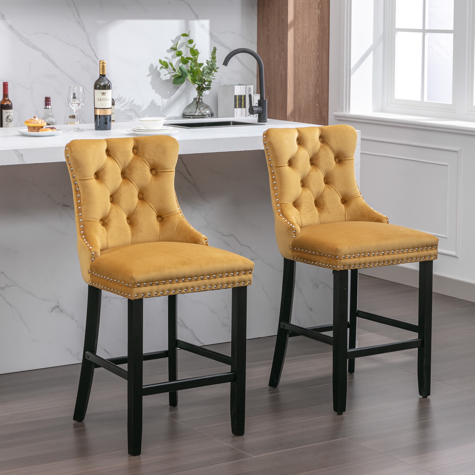 Bar Stools Set of 4, PAPROOS Velvet Bar Stool with Back, Solid Wood Frame & Nailhead Trim, Counter Height Bar Chair Button Tufted Upholstered Seat, Full Back Bar Stools, Golden