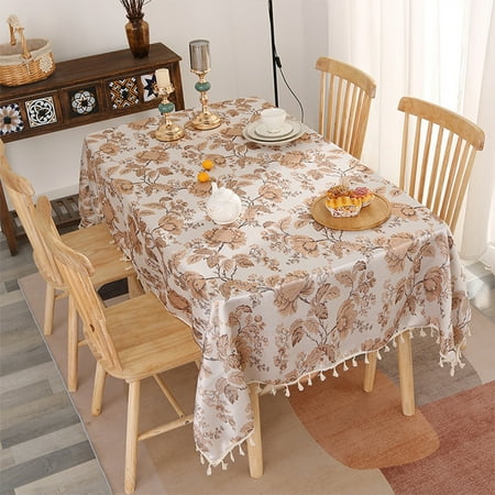 

Haite Tablecloths Covers Table Cloths Floral Print Linen Tablecloth Tassels Polyester Oil-Proof Light Deep Flower 140*200cm