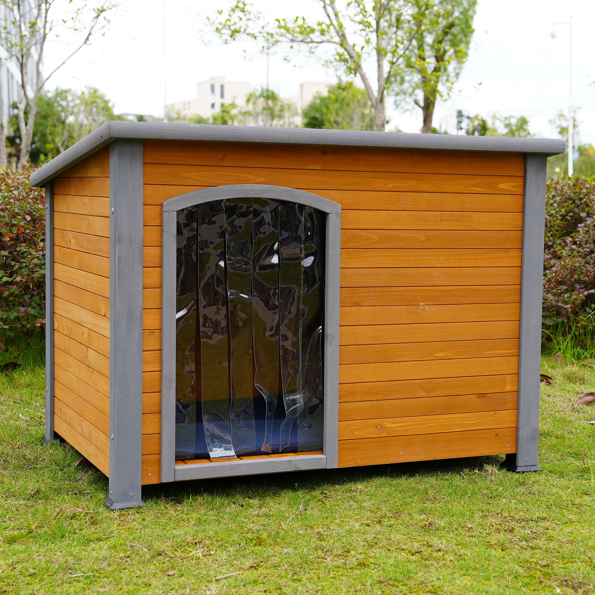 Pefilos 45" Wooden Dog Houses for Large Dogs Outdoor Weatherproof Pet House with Plastic Curtain, Insulation Mat, Brown Pefilos 45" Wooden Dog Houses for Large Dogs Outdoor Weatherproof Pet House with Plastic Curtain, Insulation Mat, Brown