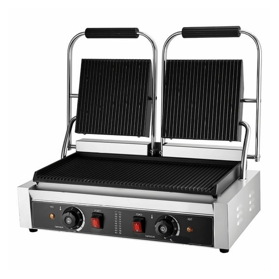 Commercial Panini Press, 3600W Electric Sandwich Maker, Stainless Steel Double Grill with Temp Control, 19x9in Non-Stick Plates, for Restaurant & Home Use