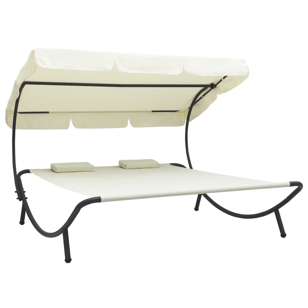 Outdoor Lounge Bed with Canopy and Pillows, Chaise Patio Sofa Bed, Cream White Outdoor Lounge Bed with Canopy and Pillows, Chaise Patio Sofa Bed, Cream White