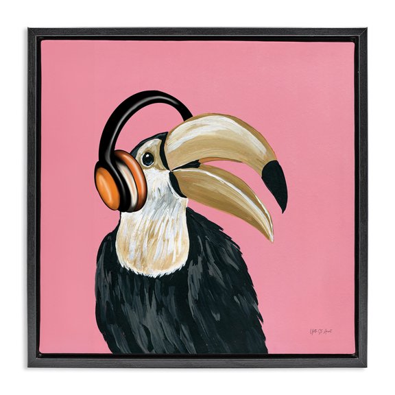 Stupell Industries Toucan with Headphones Entertainment Painting Black Floater Framed Canvas Art Print Wall Art, 18 x 18