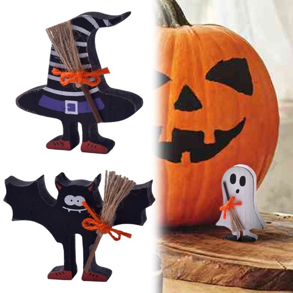 SeekLGT Halloween Ghost Decor Wooden Table Sign with Broomstick Freestanding Block Decor for Tiered Tray Home Kitchen Mantel, 1 pc