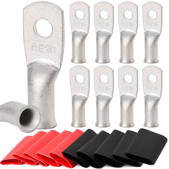TKDMR 10 Pcs 8 Crampons en Fil de Cuivre de Qualité Marine, avec Tuyauterie Rétractable 3:1, Embouts de Câble de Batterie UL, Crampons de Câble Robustes, Illets en Cuivre Teintés, Bornes Tubulaires