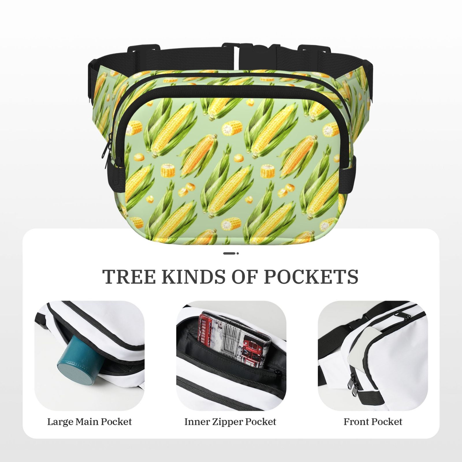 Picia Fresh Sweet Corn Print Square Double-Layer Waist Bag Mini Adjustable Waist Belt Bag Exercise Running Travel Hiking