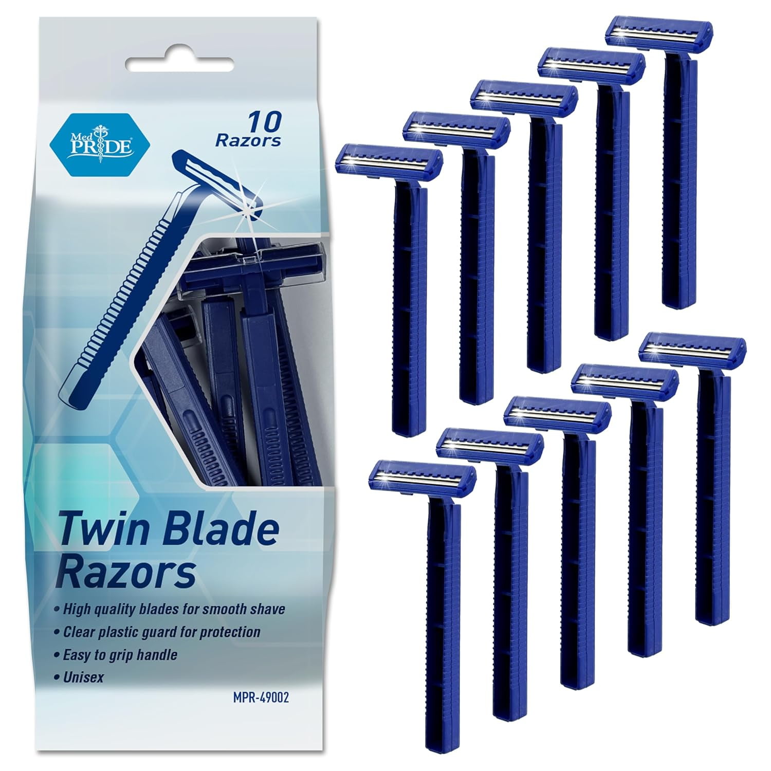 MED PRIDE Disposable Razors 10-Pack – Twin Blade Shaving Razors with Easy Grip Handle for Men & Women, Smooth Double Edge Razor Blades