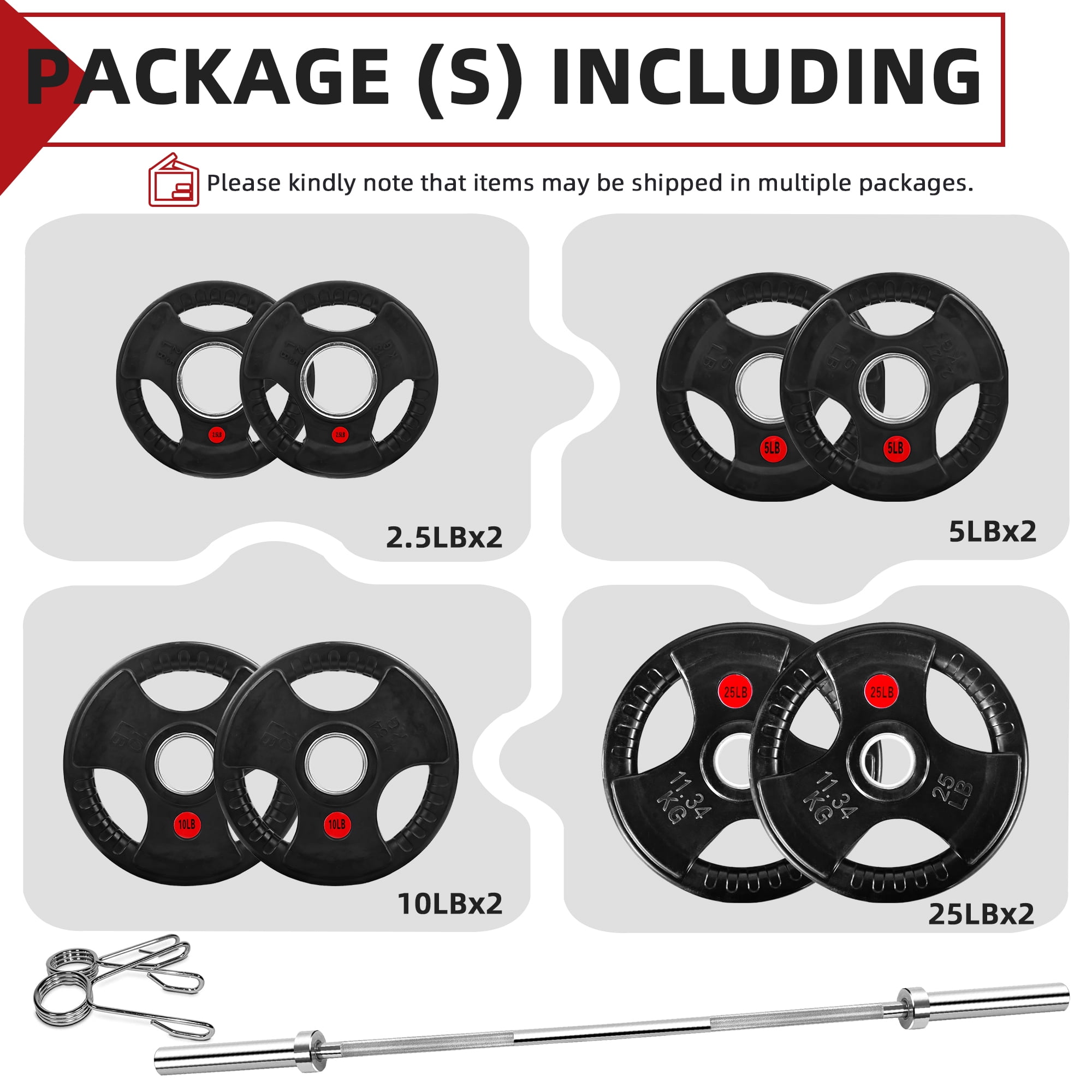 Sprint Demon 2" Rubber Olympic Grip Weight Plates Set, Including 5FT Standard Barbell with Locks, 85lbs Weight Plates Set(2x 2.5lb, 2x 5lb, 2x 10lb, 2x 25lb), Rubber Grip Weight Plate