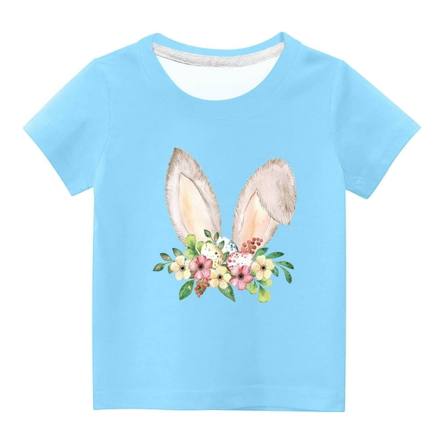 Penkiiy T-Shirts de Pâques pour Enfants Garçons Filles Mode Oreilles de Lapin de Pâques Imprimé Col Rond Manches Courtes 13 Ans Bleu