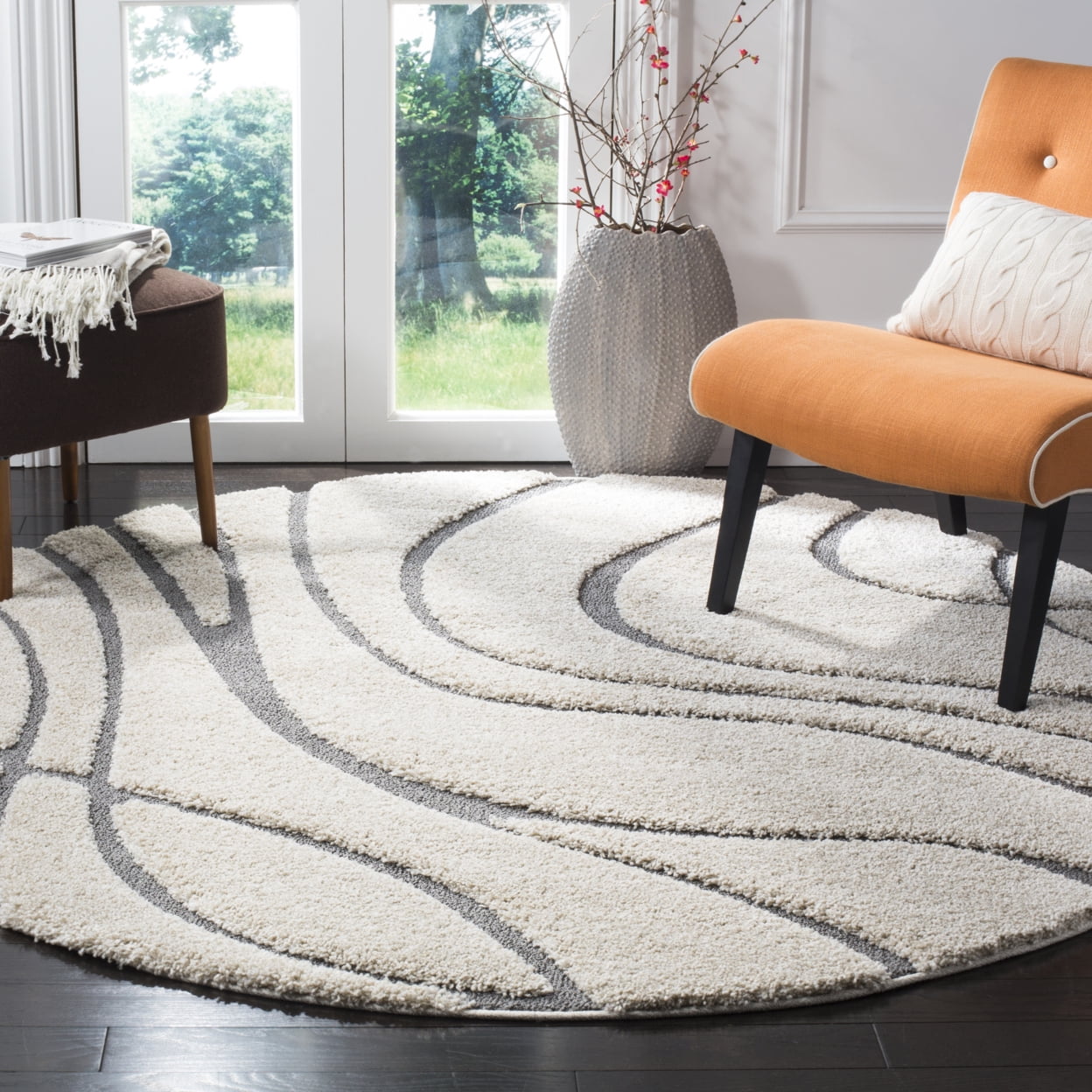 SAFAVIEH Florida Tamzen Abstract Shag Area Rug, Cream/Grey, 9' x 9' Square