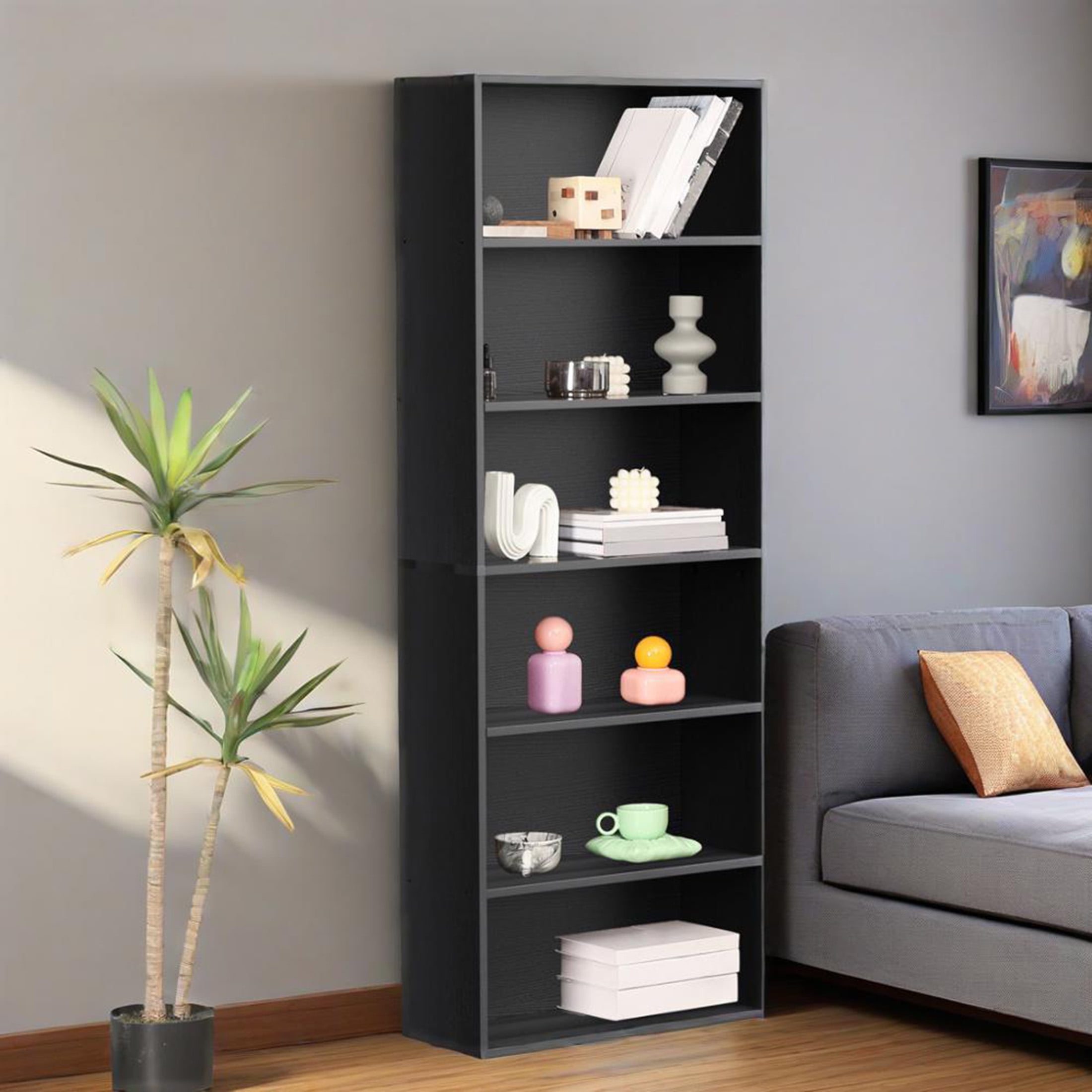 CONCETTA 6 Shelf Bookcase, 63 Inch Tall Floor Standing Open Bookshelf for Home Office and Living Room, Black