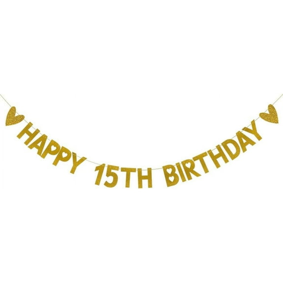 HAPPY 15TH BIRTHDAY Banner,Pre-Strung,Gold Paper Glitter Party Decorations for 15 Years Old 15TH Birthday Party Supplies Letters Gold