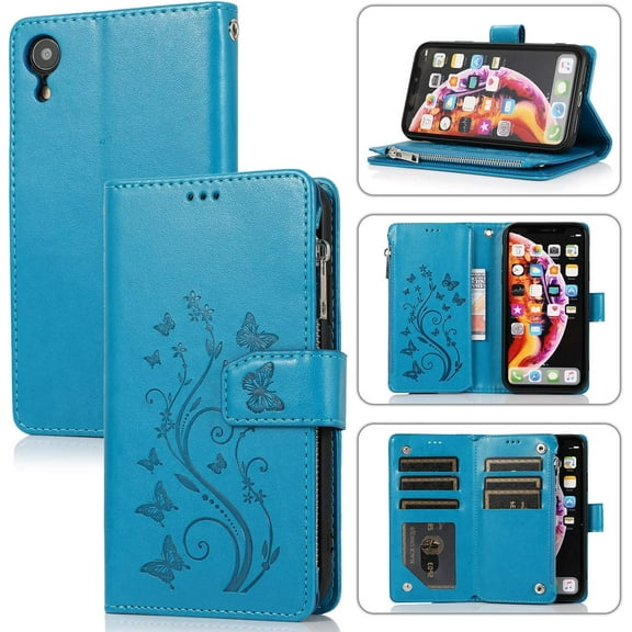 Wallet Case for iPhone XR, Premium PU Leather Magnetic Closure Flower Pattern Handbag Zipper Pocket Case Kickstand Card Holder Slots Shockproof Flip Cover for iPhone XR - Blue