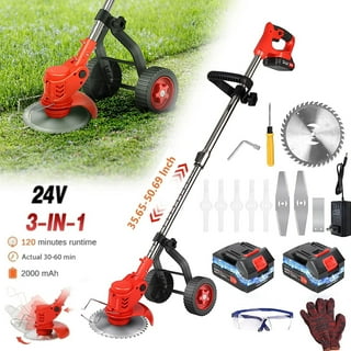 Imeshbean Cordless Grass String Trimmer Battery Powered, 24V with Wheels & 1 Pack 6.0Ah Li-ion Batteries Lawn Edger Brush Cutter Adjustable Height