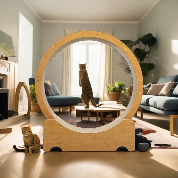 Pefilos 38" Cat Exercise Wheel for Indoor Cat, Cat Running Wheel with Sided Corrugated Cardboard Runway, Cat Treadmill Wheel for Fitness Weight, Beige