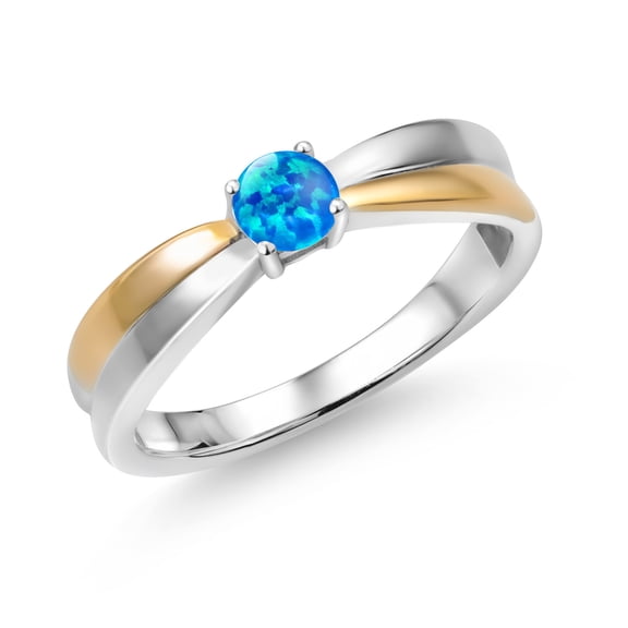 Gem Stone King 925 Silver and 10K Yellow Gold Cabochon Blue Simulated Opal Solitaire Engagement Ring for Women (0.25 Cttw, Round 4MM, Gemstone Birthstone, Available in Size 5, 6, 7, 8, 9)