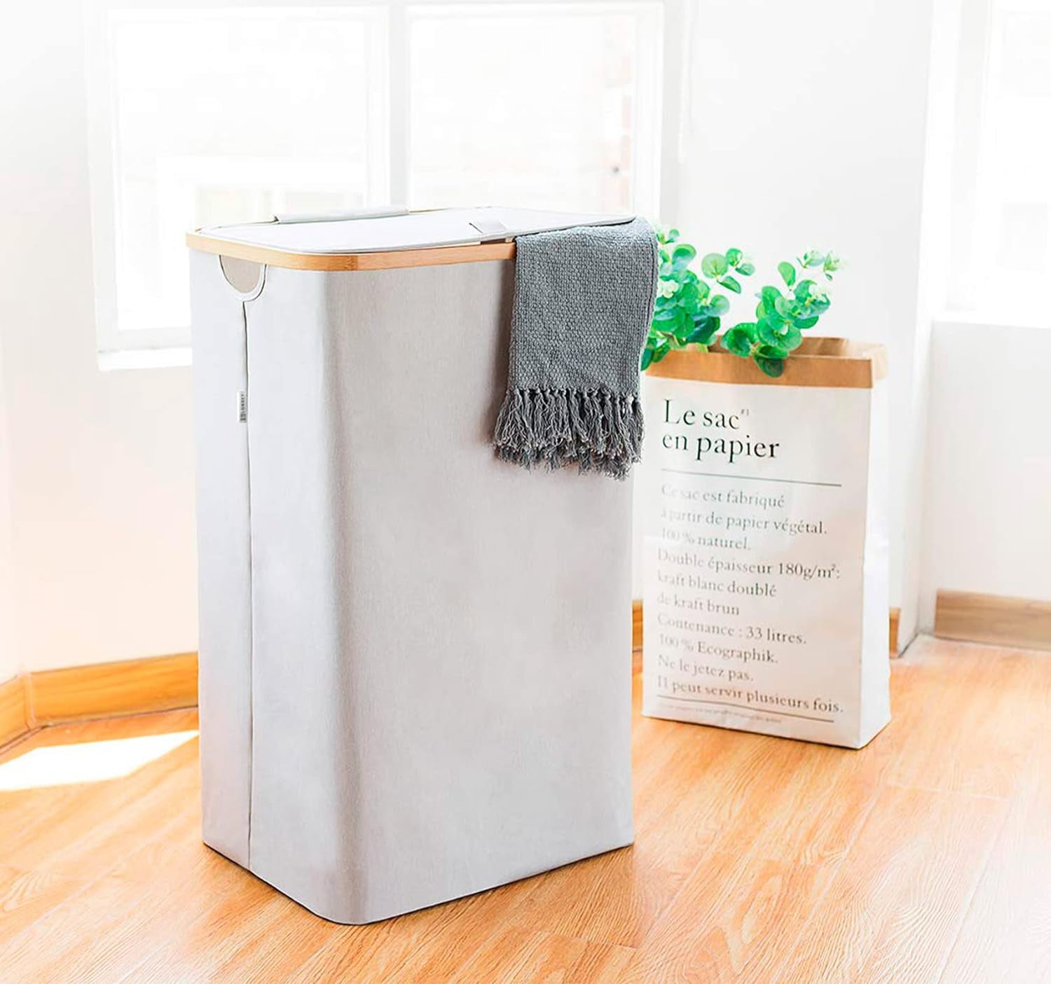 Lonbet Adult Fabric Laundry Basket Hamper with Lid, Light Grey