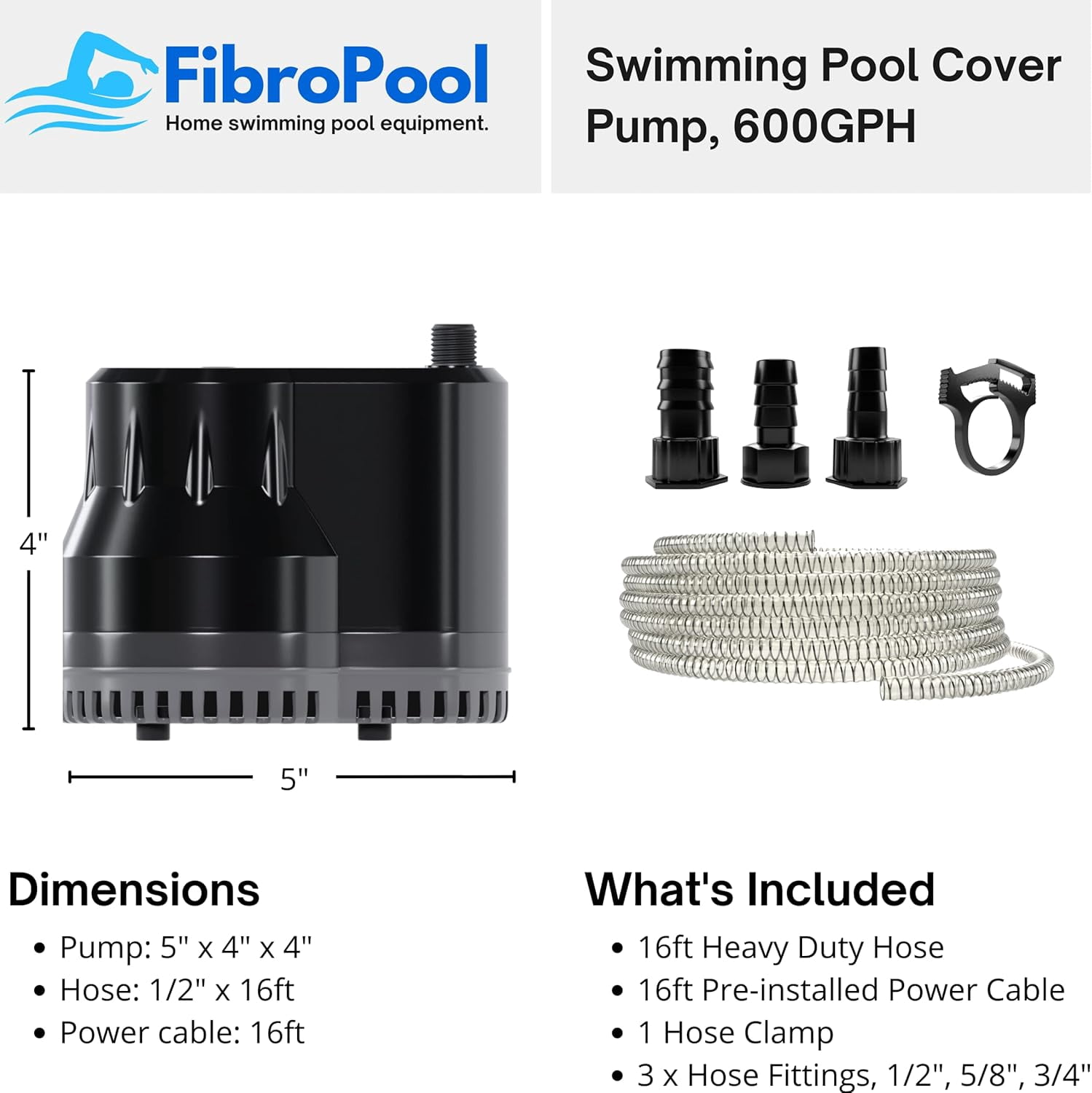 FibroPool Pool Cover Pump (600 GPH) - Submersible Electric Utility Water Pumps - 16 foot Heavy Drain Hose - For All Swimming Pools, Spas and Hot Tubs Black