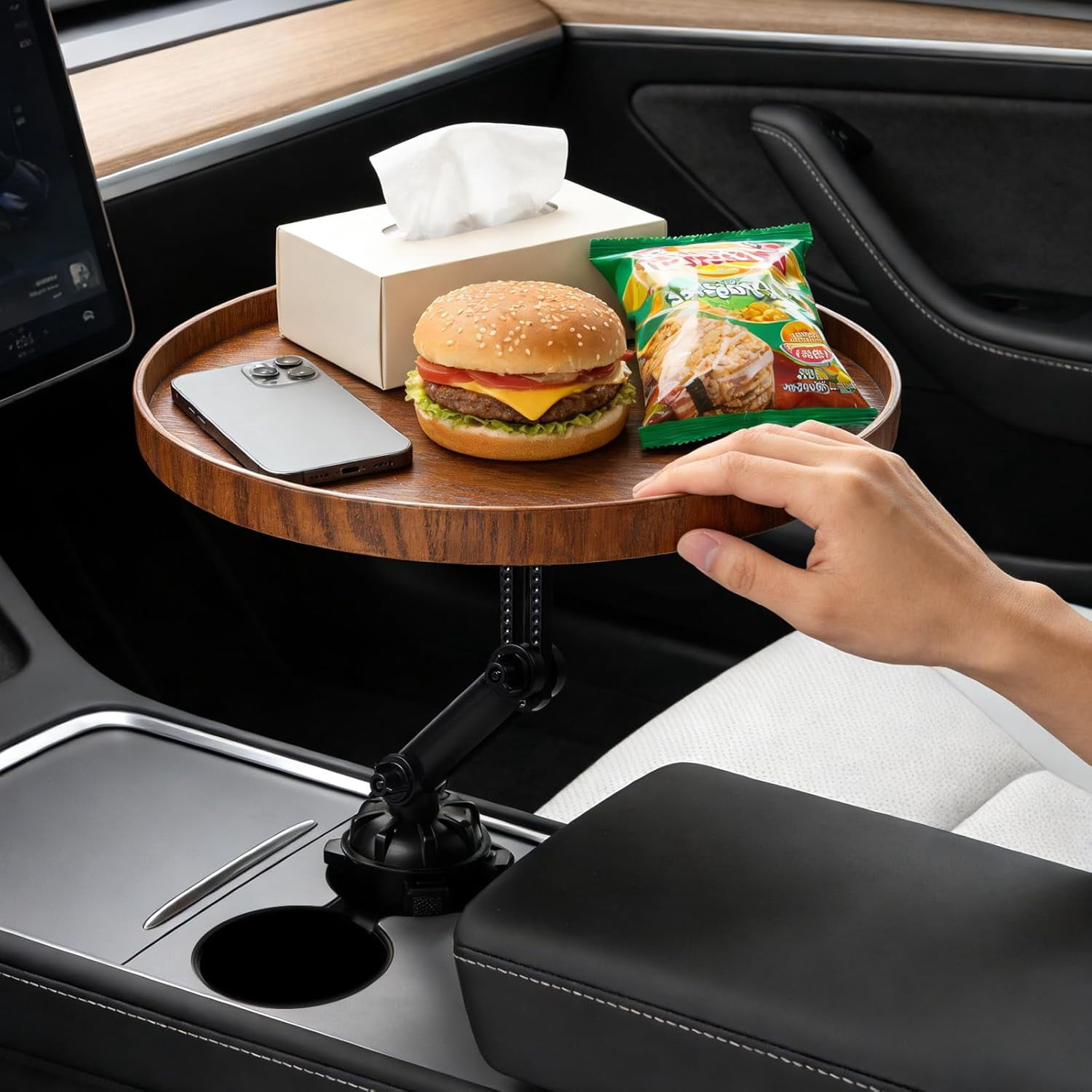 Car Food Cup Holder Tray - 360° Rotating Car Table and Car Seat Tray, Detachable Wooden Car Desk for Laptop and Food Tray, Compatible with Tesla Model Y/3/S, Ford F150/Explorer (Brown, 11.8")