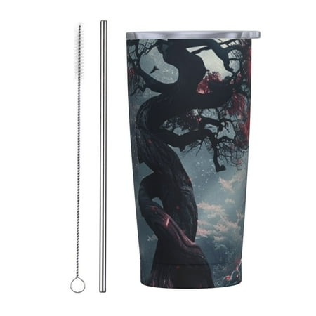 

A close-up of artistic abstraction 20 oz stainless steel insulated cup with handle lid and straw suitable for home office or car black