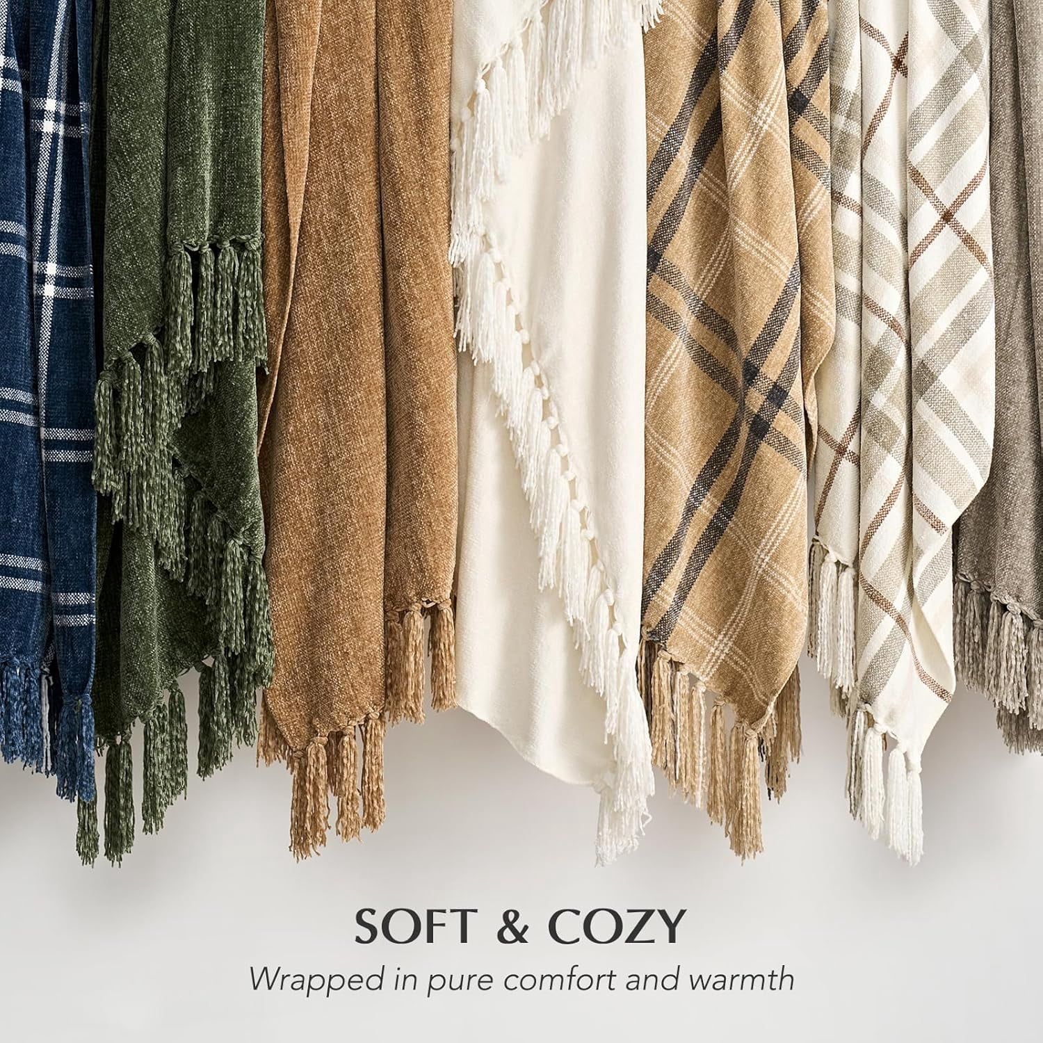 EVERGRACE Soft Chenille Throw Blanket for Couch, Cozy Plush Fuzzy Decorative Chenille Knit Throw Blanket with Tassels, Lightweight Blanket and Throws for Bed Sofa Gift Home Decor, Khaki 50"x60"