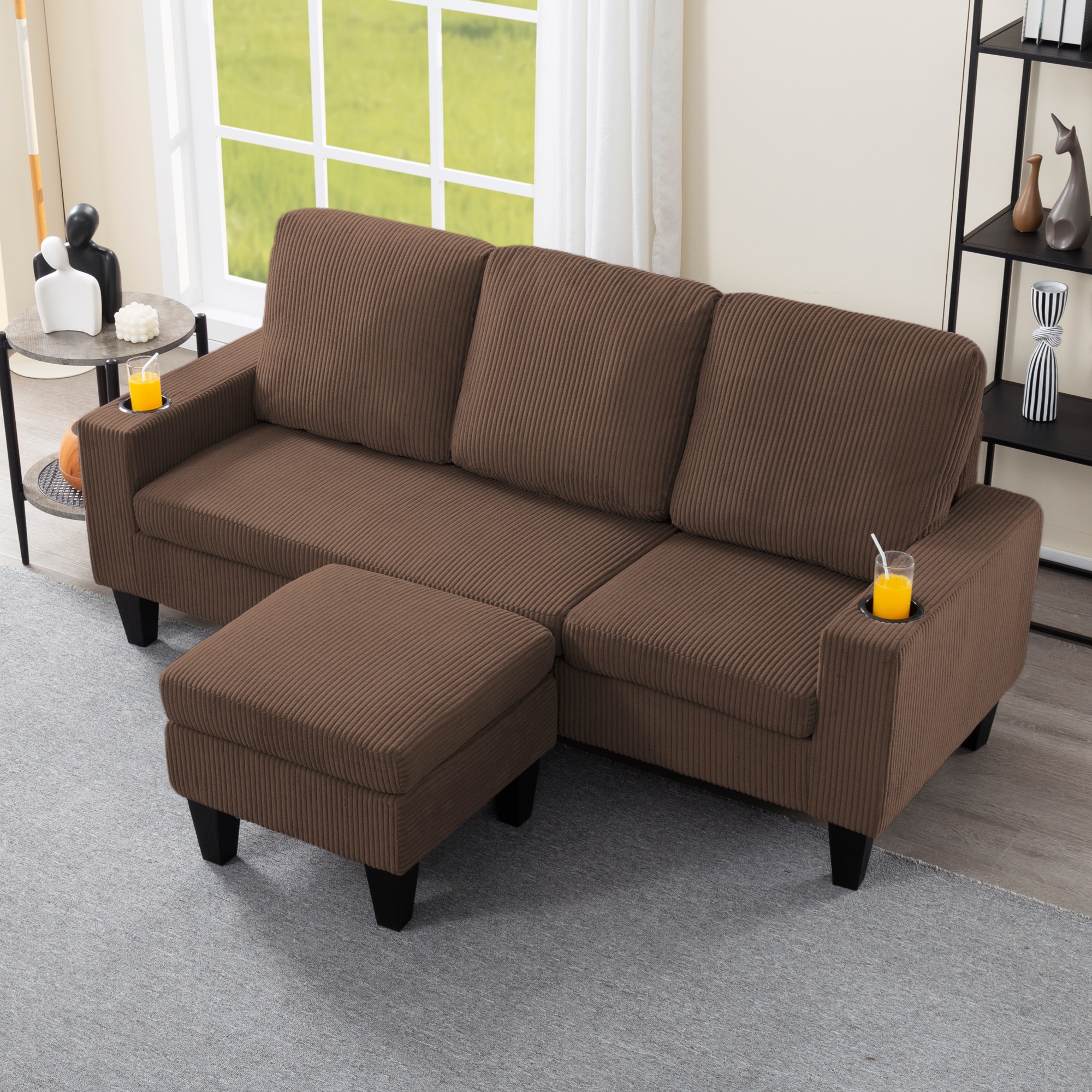 Gewnee Camel 69.88” L-Shaped Sectional Sofa, Corduroy Ottoman & Built-in Cup Holders for Bedroom/Living Room