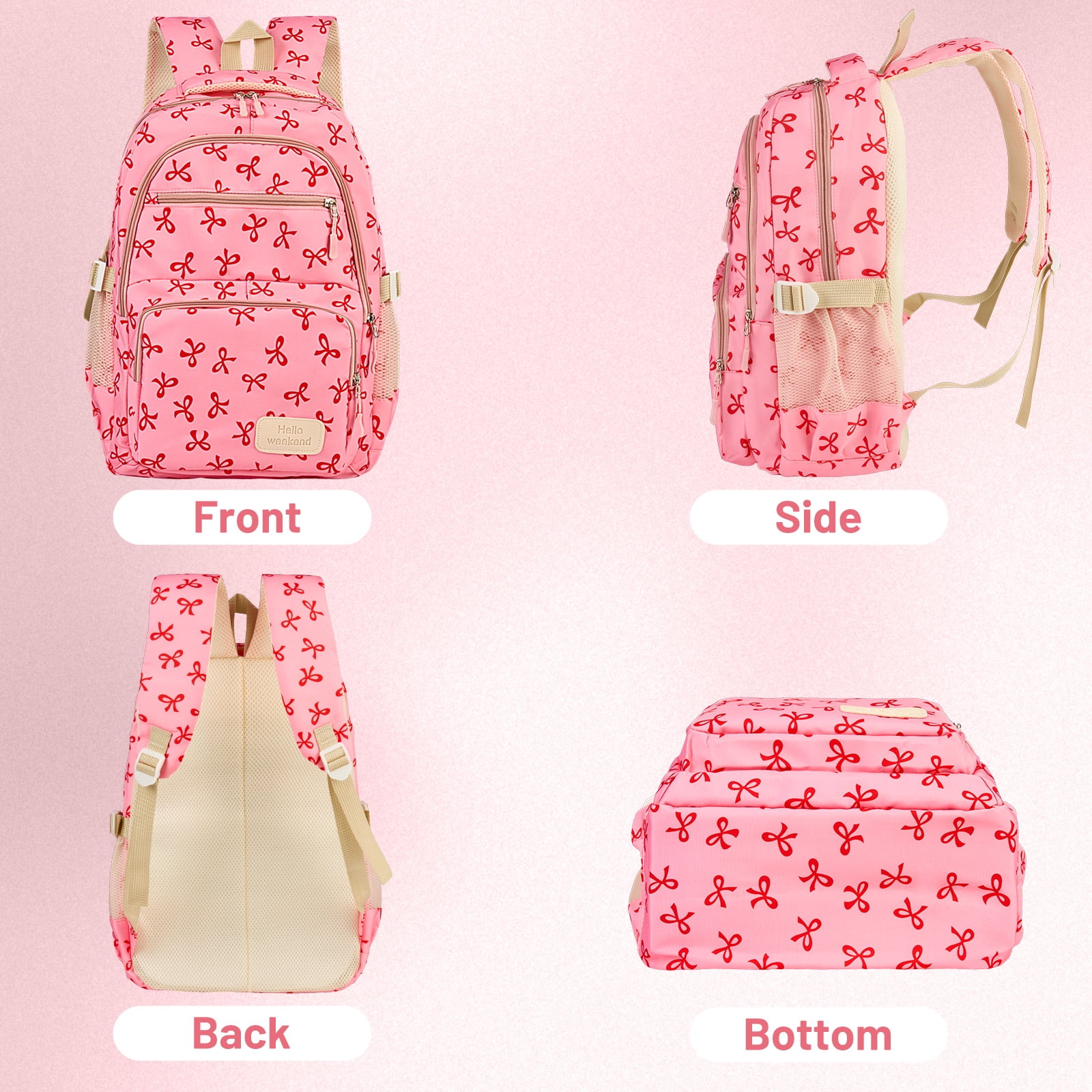 Dakimoe School Backpack Set with Cute Bow, Lightweight Bookbag - Rose Red, Perfect for Elementary & Middle School  Ages 4-12