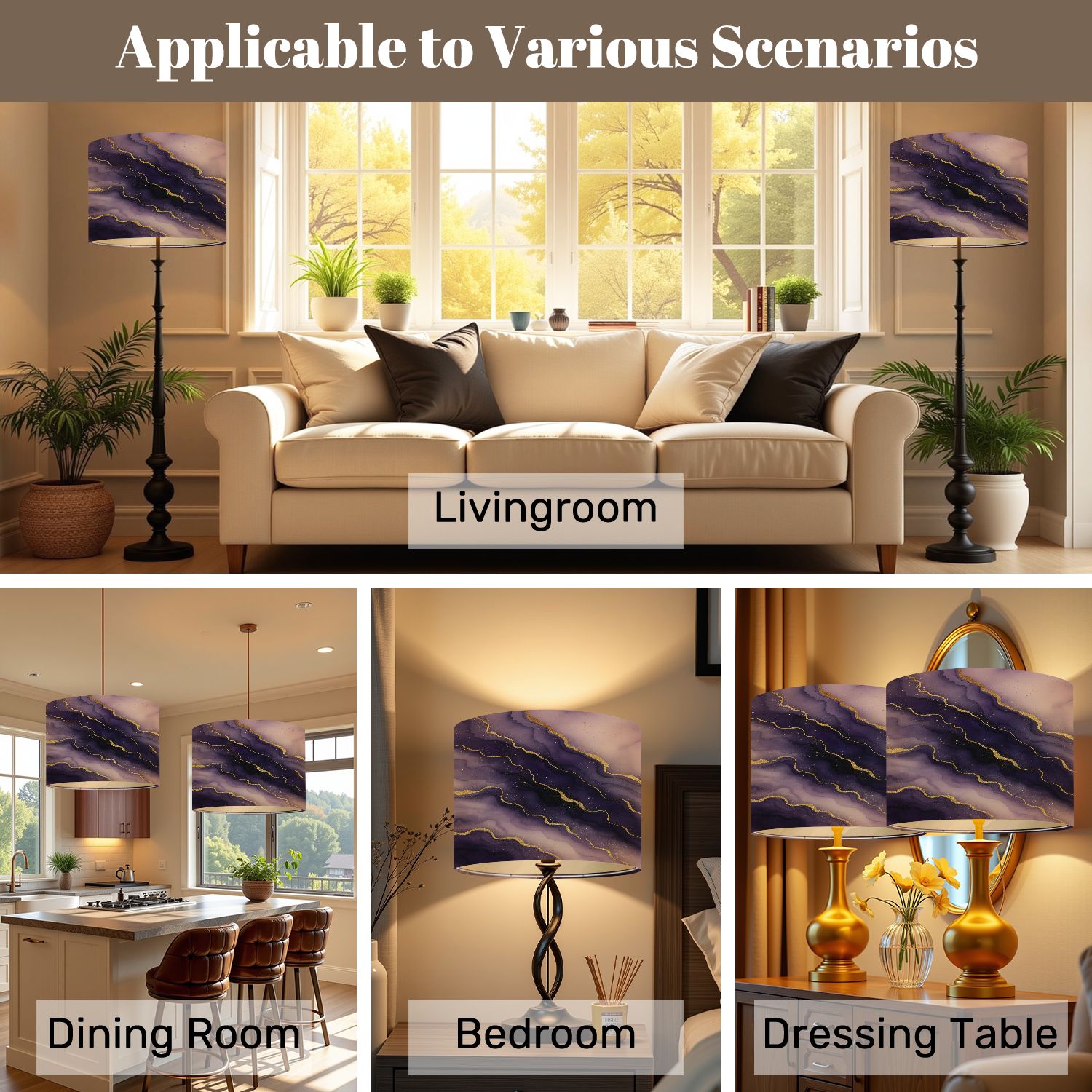 Lampshades 2 Pack Purple marble gold stripes alcohol ink Luxury violet black watercolor 13"x13"x10" Light Shade for Table Lamps Floor Lamps Drum Lamp Shades Lampshade Replacement Easy Assembly