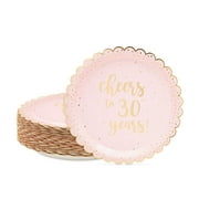 48 Pack 30th Birthday Plates Bulk for Her, Pink and Gold Scalloped Wedding Anniversary Party Supplies, Cheers to 30 years, 9 in