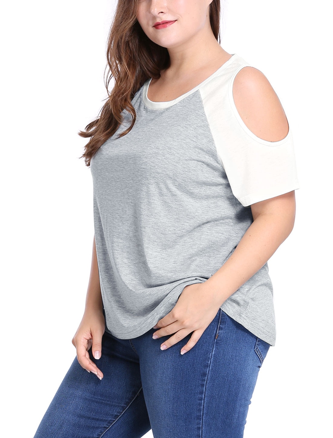 Unique Bargains Women's Plus Size T-shirt Raglan Short Sleeves Cold Shoulder Tee 2X Gray
