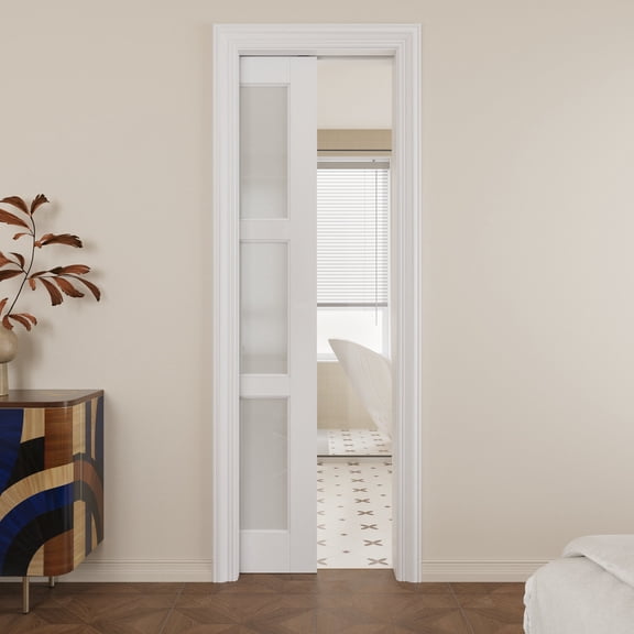 24" x 80" 3 Panel Frosted Glass Pocket Door with Soft Close, Solid Door Panel & Pocket Door Hardware & Frame, Bathroom Door, Bedroom Door, Pre-finished & Paintable, White