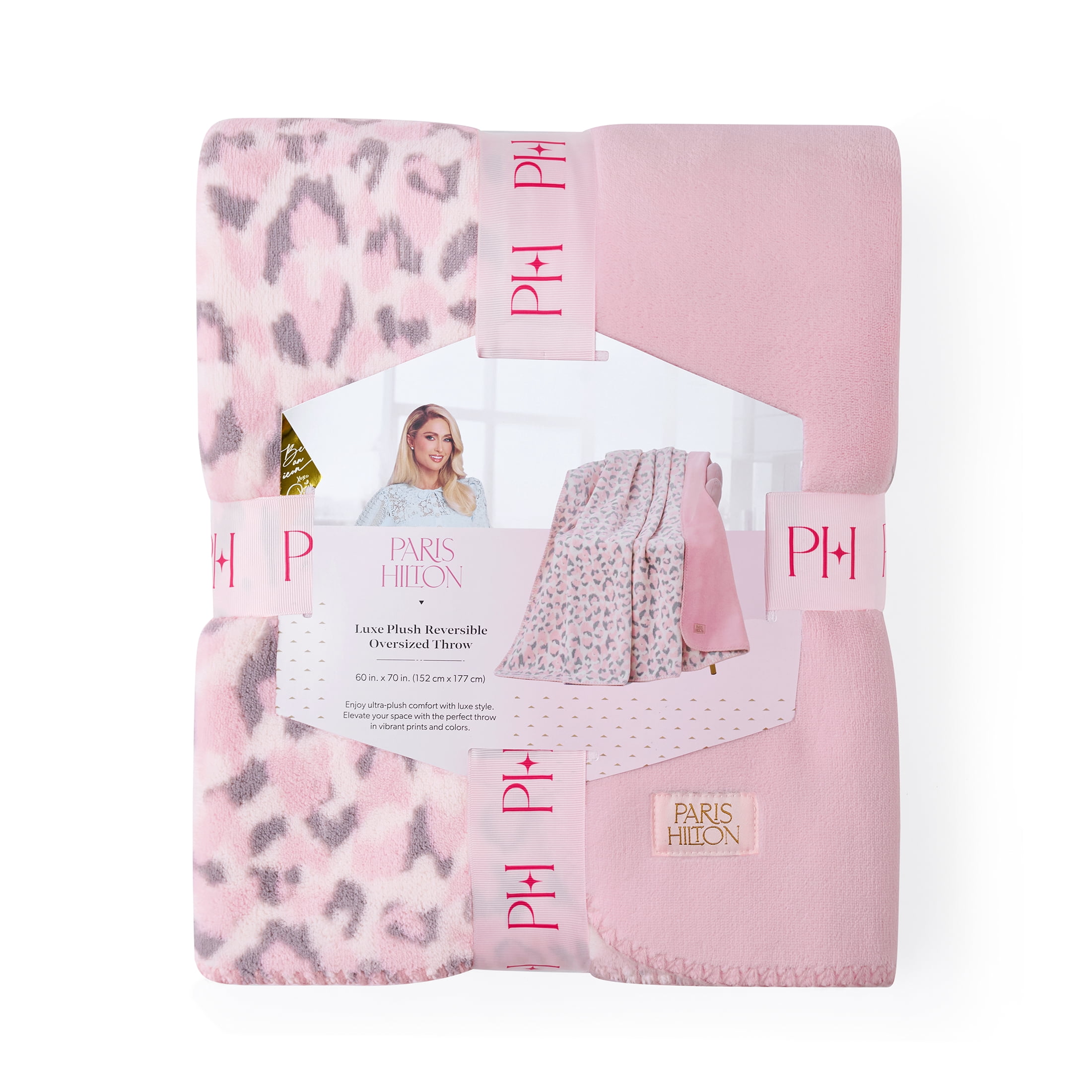 Paris Hilton Plush Throw Blanket, Reversible Fleece, 60" x 70", Pink Leopard