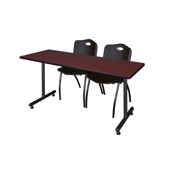 Regency Kobe 66 x 30 in. T-Base Training Seminar Table- Mahogany, 2 M Stack Chairs- Black