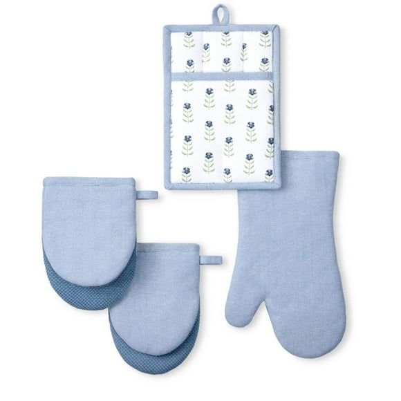 Beautiful Home by Drew Barrymore 4-Piece Oven Mitt, Pot Holder, Mini Mitt Set, Cornflower Blue