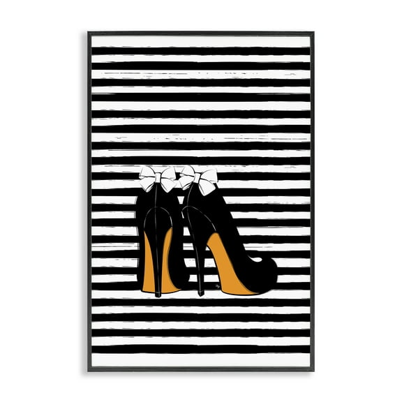 Stupell Industries Bow Heels on Stripes Beauty & Fashion Painting Black Framed Art Print Wall Art, 12 x 18