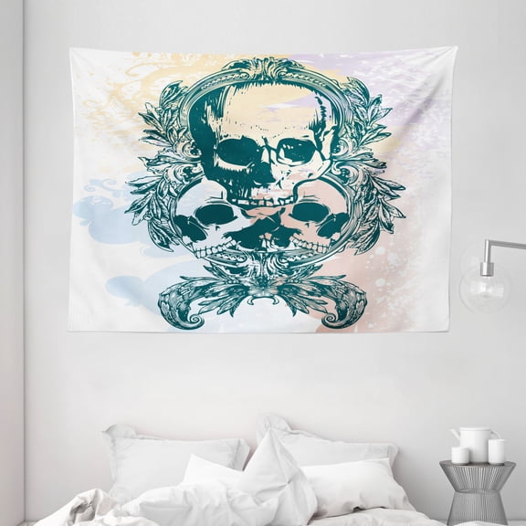 Skull Tapestry, Scary Deadly Rocker Furious Skeleton Head Trio with Frames from Leaves Image, Wall Hanging for Bedroom Living Room Dorm Decor, 80W X 60L Inches, Black and White, by Ambesonne
