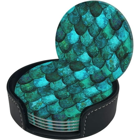 

Round Coaster Set of 6 with Holder Dark-Teal-Dragon-Scales Leather Coasters for Drinks