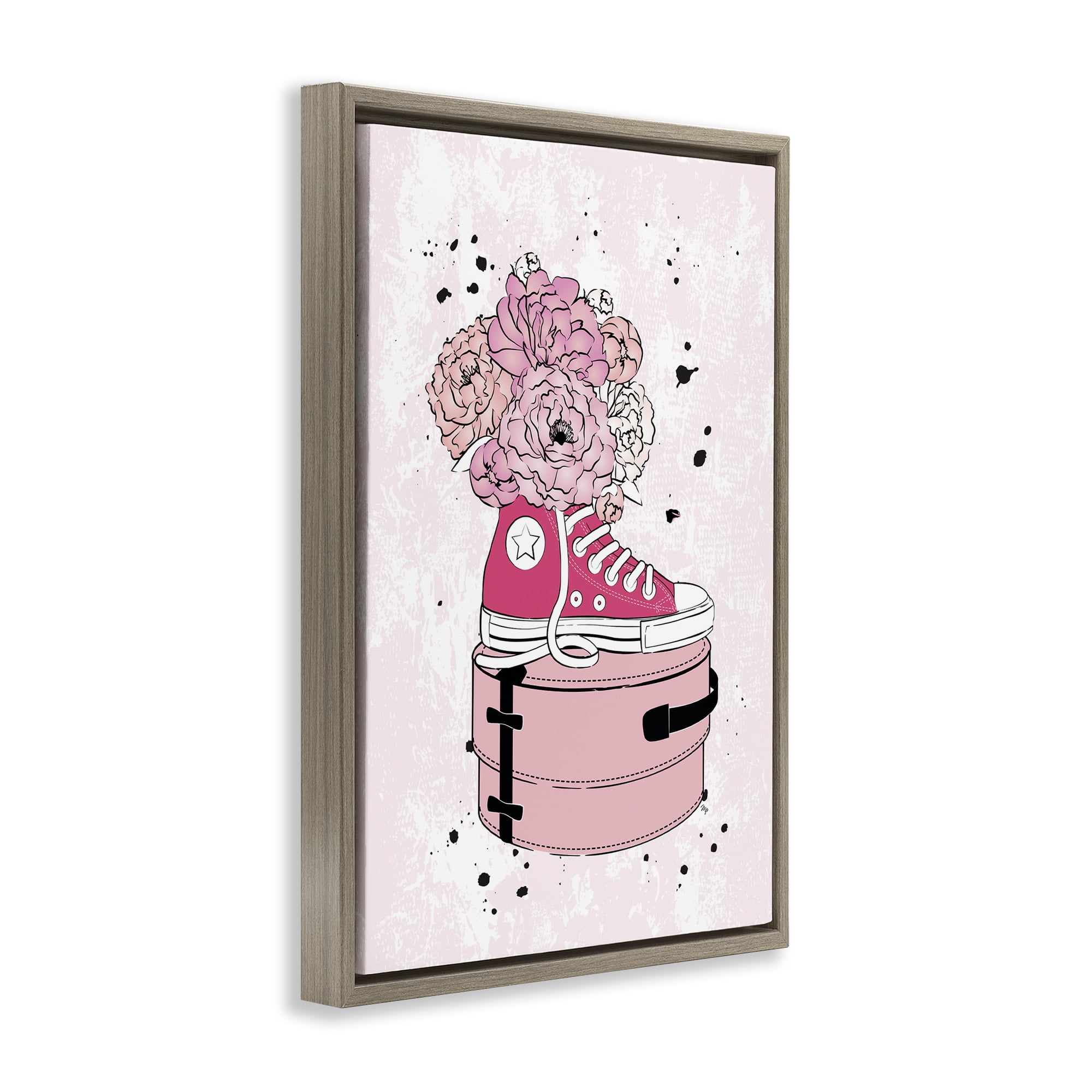 Stupell Industries Pink Glam Sneaker Florals Fashion Painting Brown Floater Framed Canvas Art Print Wall Art, 17 x 25