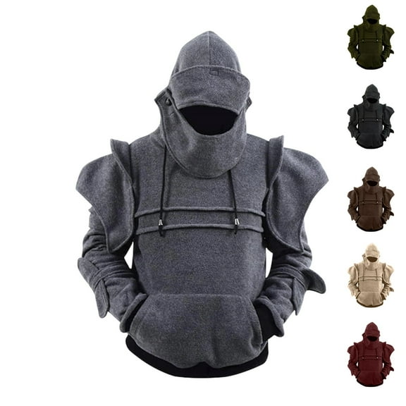 Dwelliawo Mens Medieval Knight Hoodie Retro Mask Elbow Protection Hooded Sweatshirts Medieval Knight Armor Drawstring Costumes with Pocket Gray 2XL