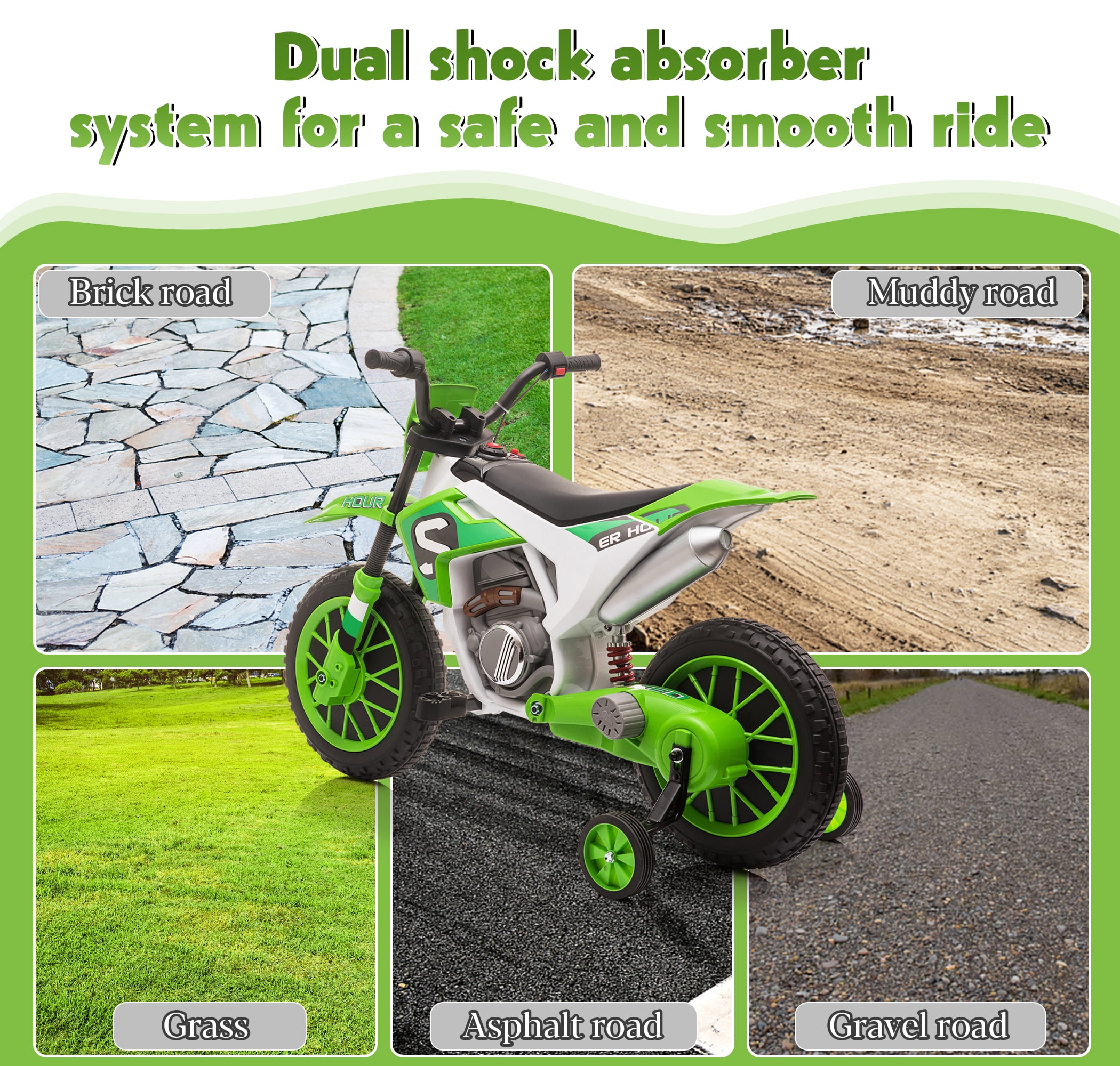 Jaxpety 12V Electric Ride on Motorbike Toy for Boy&Girl,w/Training Wheels,Age 3-6,Green