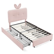 Twin Kids Bed with LED Lights and 4 Storage Drawers, Upholstered Boucle Bed Frame with Rabbit Ear Headboard, Platform Bed for Girls Boys Bedroom, Pink
