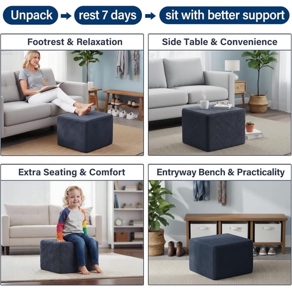 Stuffed Pouf Ottoman Square Foot Stool Fluffy Floor Chair for Living Room Bedroom Filled  Foot  Blue-