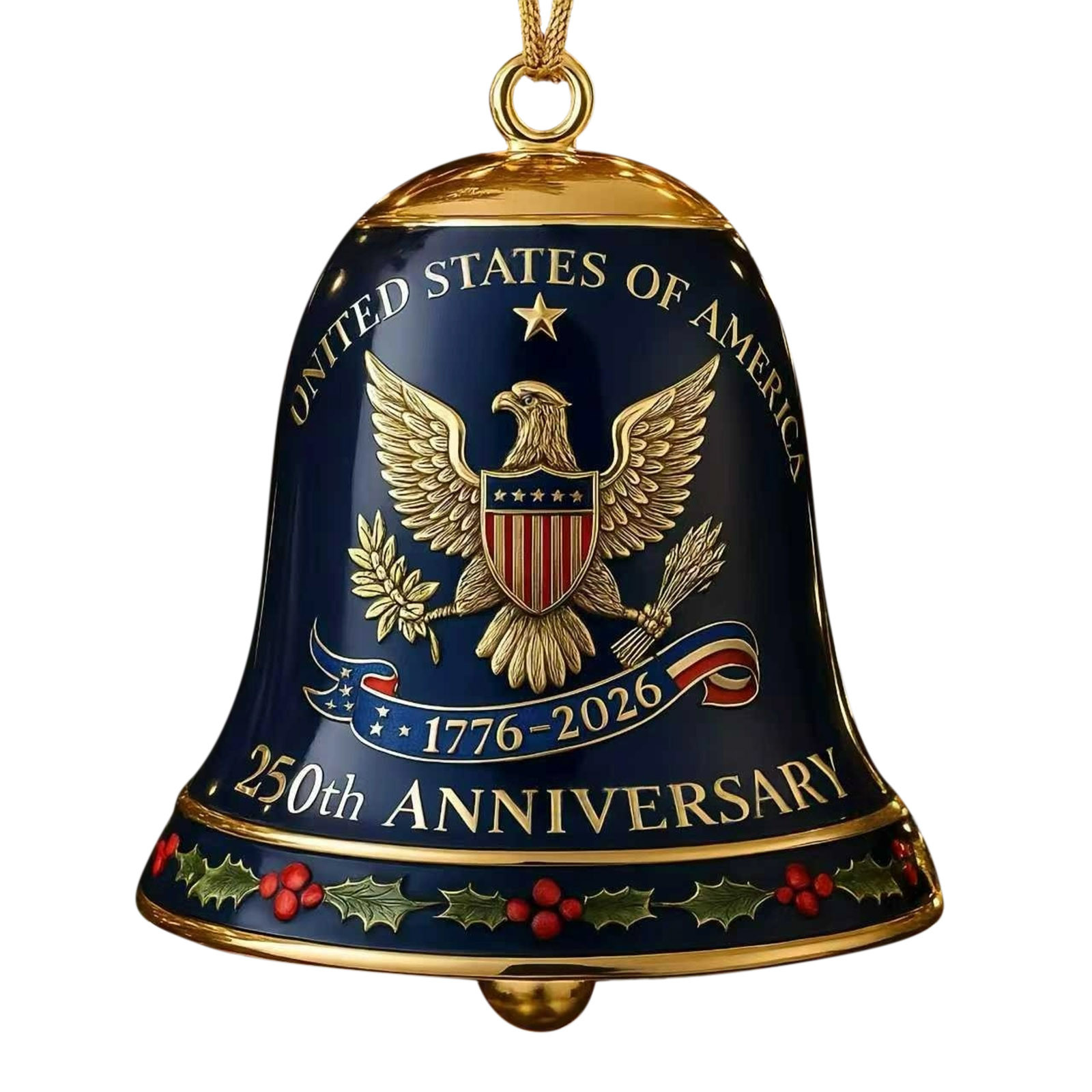 United States 250th Anniversary Bell Ornament, 250th Anniversary Metal Bell Ornament – 1776-2026 Red & Gold Patriotic Christmas Tree Hanging Decor, Shatterproof Holiday Ornament Gift (2PCS)