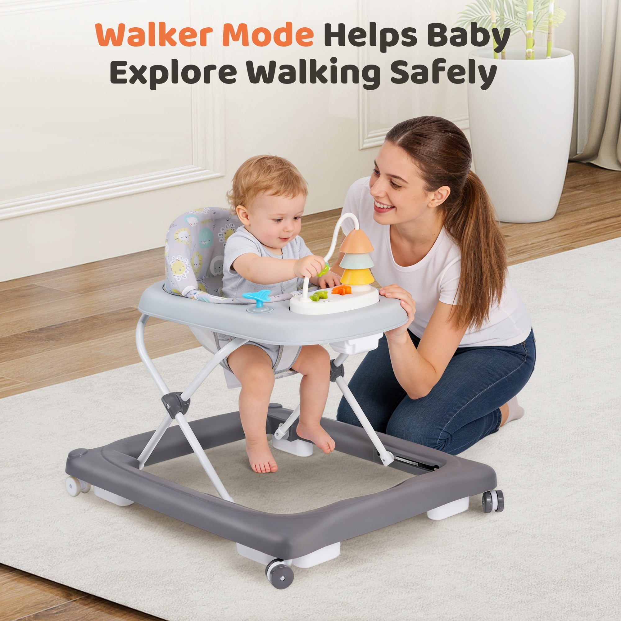Babyeap Baby Walker,Foldable Baby Activity Walker with Wheels,Toddler Activity Centers,Removable Toys,Ages 6-15 Months,Gray